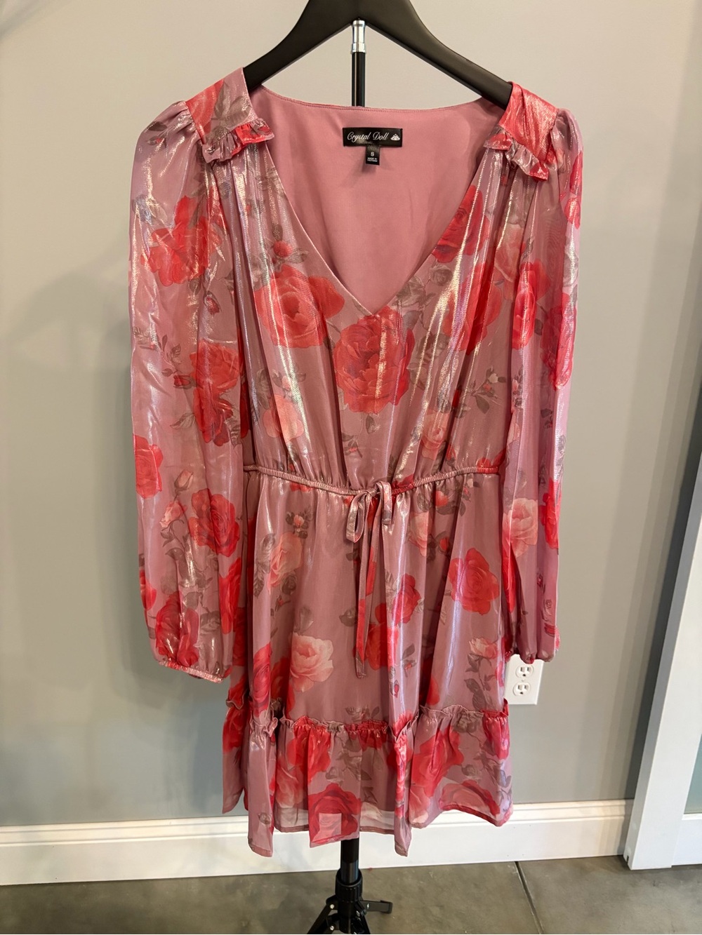 Crystal Doll Rose-Pink Floral V-Neck Tie-Waist Dress